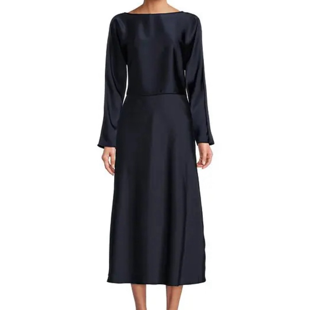 NWOT Antonio Melani Navy Satin Boatneck Top & A-line Midi Skirt Co-ord Set